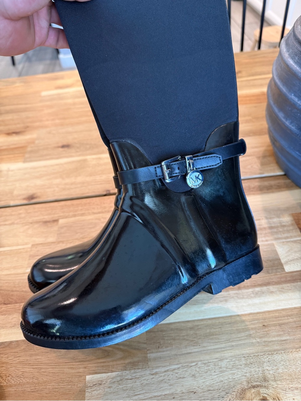 Michael Kors Black Gloss Rain Boot with Buckle Charm